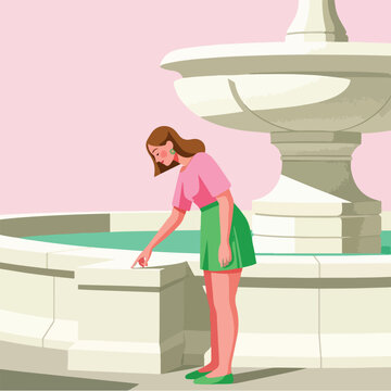 Woman touching water in a stone fountain with pink sky backdrop