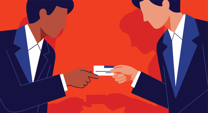 Two businessmen exchanging cards, plain background with shadows