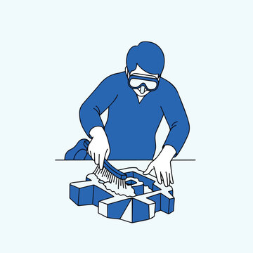 Person in goggles cleans object with brush, clear background