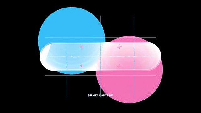 Liquid Glass camera lens transparent overlay with refractive viewfinder grid distortion, glossy specular sweep, dimensional puck to toolbar morph, alpha channel UI element, 4K
