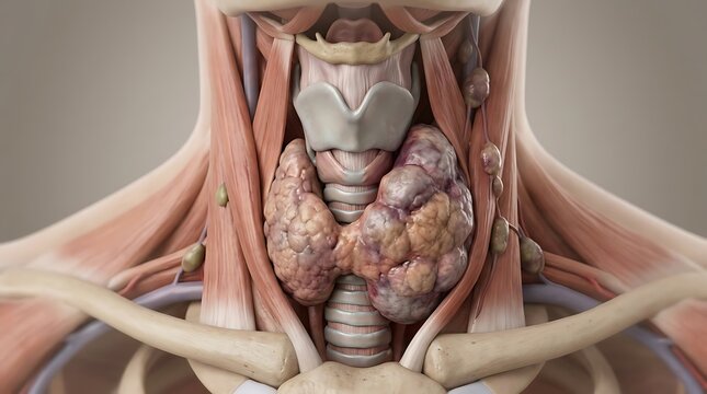 Human thyroid gland anatomy showing enlarged nodule or tumor goiter