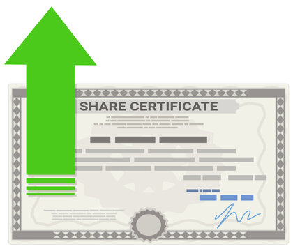 Corporate share certificate with rising green arrow representing stock value growth, capital gains, bull market, and equity profit (cut out)