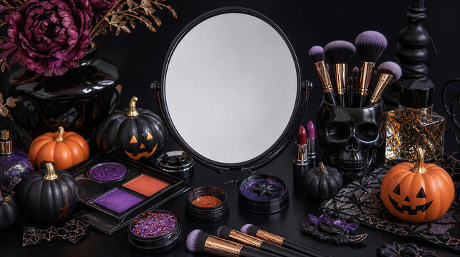 Halloween makeup essentials arranged on a dark vanity table