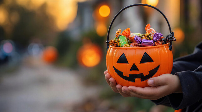 Child holding halloween pumpkin candy bucket full of treats
