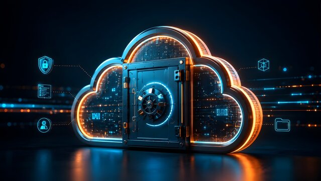 Digital cloud vault concept representing secure data storage and network protection
