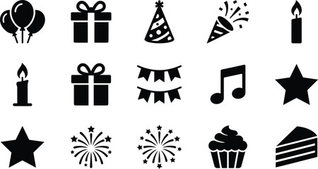 Naklejka premium Birthday party icon set, 15 celebration vector symbols, black minimalist event graphics, festive holiday design elements
