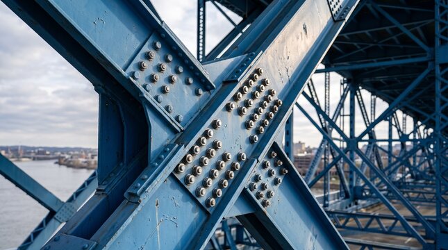 Strong Blue Steel Girder Bridge Construction Featuring Riveted Crossbeams Over A Calm River View