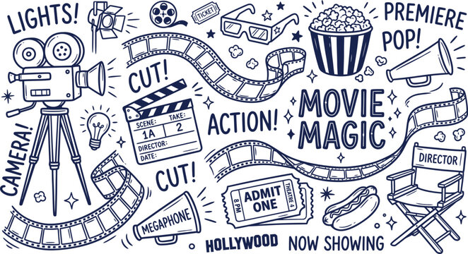 Movie magic hand drawn cinema doodles, vintage film production vector icons, retro theater and filmmaking elements set
