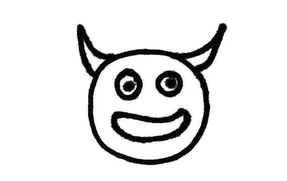 Hand Drawn Devil Smiley Face with Horns Doodle Brush Stroke Line Art Black and White Illustration
