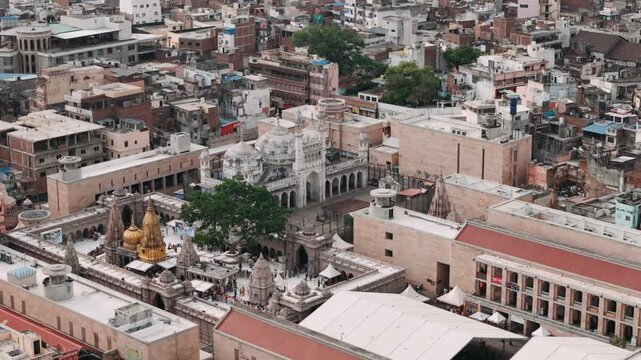Aerial view of kashi vishwanath temple and gyanvapi mosque in varanasi, india, highlighting sacred architecture
