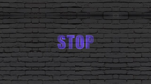 Stop text displayed in glowing purple digital typography over an industrial dark brick wall backdrop.