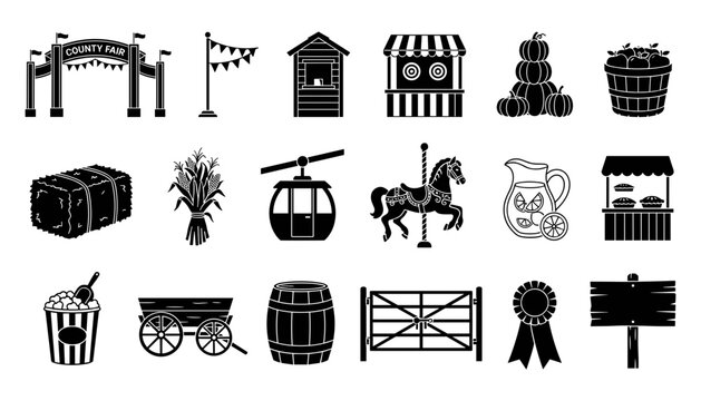 County Fair Icons Set, Illustration of Carnival Games, Food Stalls