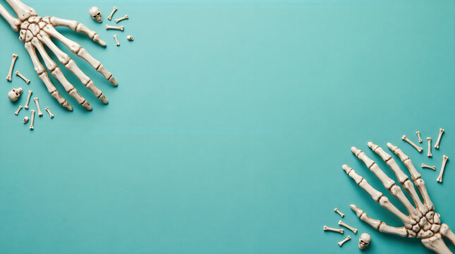Two plastic skeleton hands emerge from opposing corners of a vibrant teal colored background surface