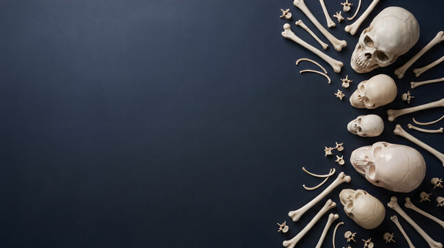 Dark and moody still life featuring a human skull surrounded by skeletal remains and bones