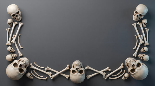 An arrangement of human skulls and bones forming a decorative border on a dark background