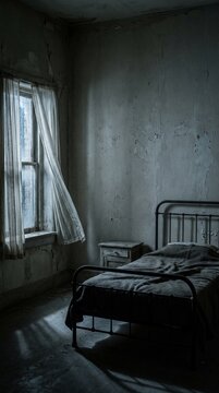 Spooky haunted bedroom with a rusty metal bed and a blowing curtain in a dark abandoned house