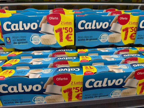 Mallorca, spain, august 30, 2026, calvo tuna packages featuring a special offer, displayed on a supermarket shelf in andratx, balearic islands, spain