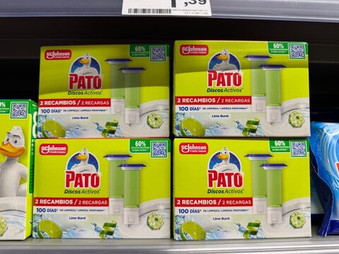 Mallorca, spain, august 30, 2026, boxes of pato discos activos, a toilet cleaning product by sc johnson, offering deep cleaning and lime burst freshness