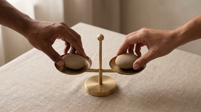 Two hands balancing small stones on a golden scale, representing equilibrium and decision making