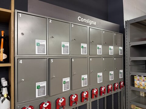 Mallorca, spain, august 30, 2026, consigna lockers offering secure storage solutions for personal belongings and bicycle parking in andratx, balearic islands
