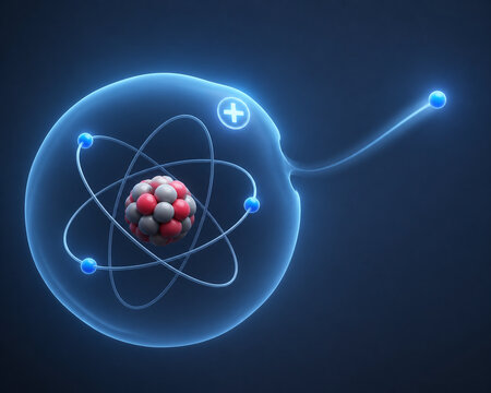 Glowing positive ion atom losing an electron