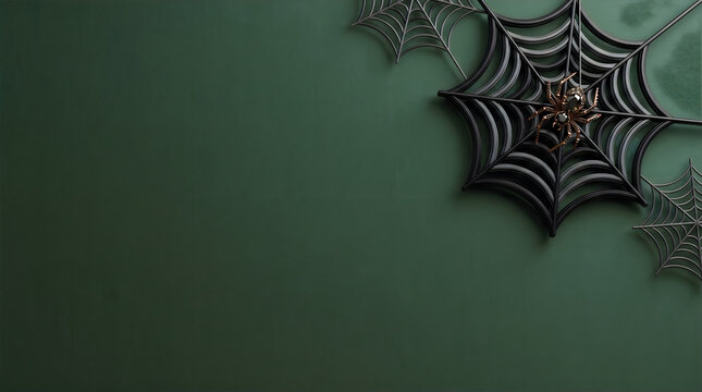 A dark green textured backdrop features a creepy black spiderweb delicately cast in the upper right corner