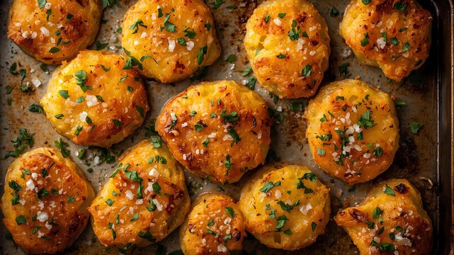 Golden crispy smashed potatoes topped with fresh herbs and flaky sea salt on a baking sheet, rustic side dish, warm natural light, overhead food photography, appetizing texture, photorealistic
