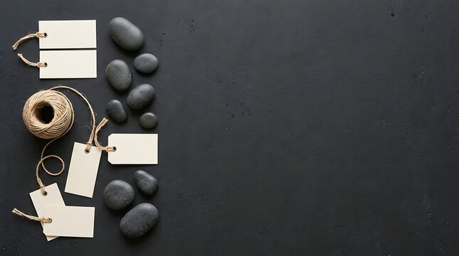 Blank gift tags and stones on black background