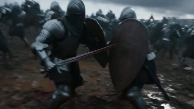 Medieval knights clashing in a muddy battlefield. Army of soldiers fighting during a historic war. Violent combat scene with armor and weapon in epic drama.