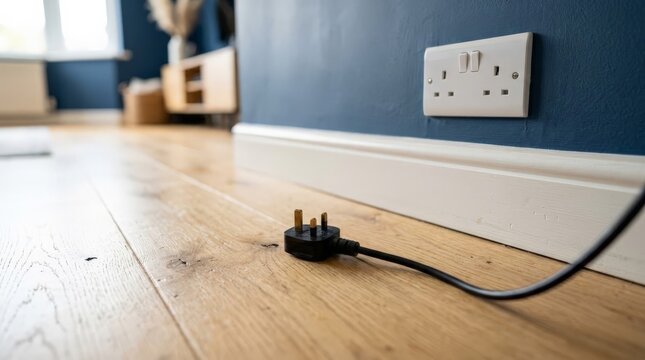 A black UK power plug rests on a wooden floor near a wall socket, showing a household device left unplugged and disconnected from electricity in a modern room, underscoring the outlet