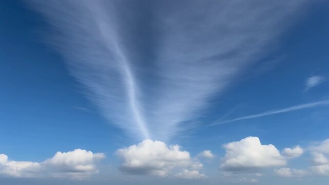 Wispy cirrus clouds stretch across a vibrant blue sky on a clear sunny day.
