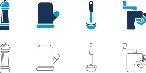 Fototapeta premium Set of kitchen utensil icons including pepper mill oven mitt ladle and meat grinder in flat and outline styles