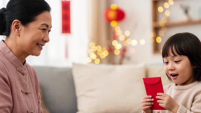 Asian grandmother giving a traditional red envelope to a happy young girl. Child receiving lucky money during Lunar New Year celebration. Family holiday tradition concept