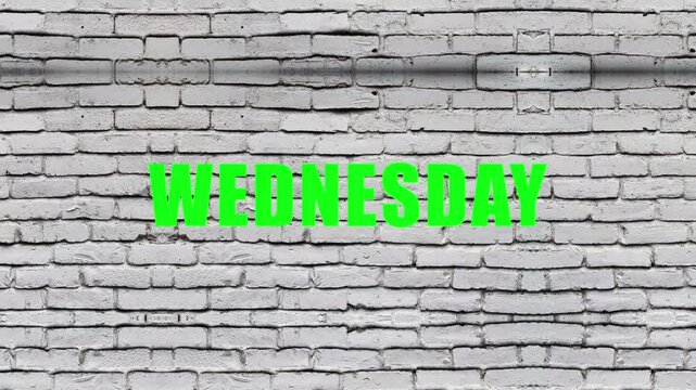 Wednesday text in bright neon green typography overlaid horizontally across a textured grey brick wall pattern background, serving as a creative weekly calendar concept design for social media.