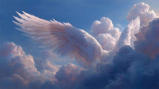 A dreamy illustration of angel wings glowing in the sky, suitable for spiritual, fantasy, or inspirational uses.
