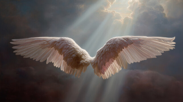 A dreamy illustration of angel wings glowing in the sky, suitable for spiritual, fantasy, or inspirational uses.
