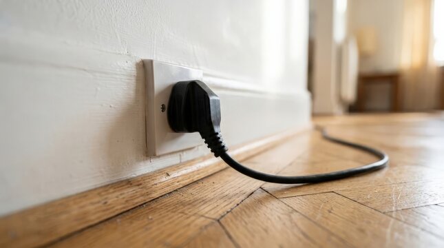 A close up view of a black electric plug plugged into a wall outlet in a room with hardwood floors, showing an interior ready to be unplugged to save energy, underscoring the power cord