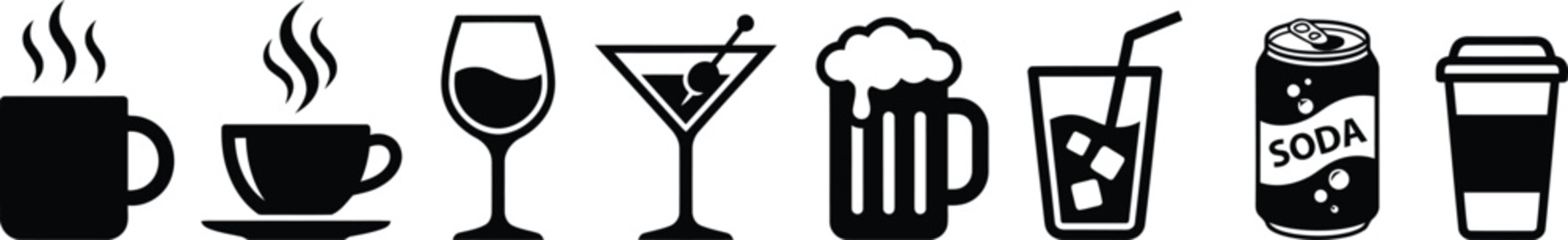 Minimalist beverage icon set, black drink silhouettes including coffee and alcohol, 8 vector drink symbols for cafe and bar menus