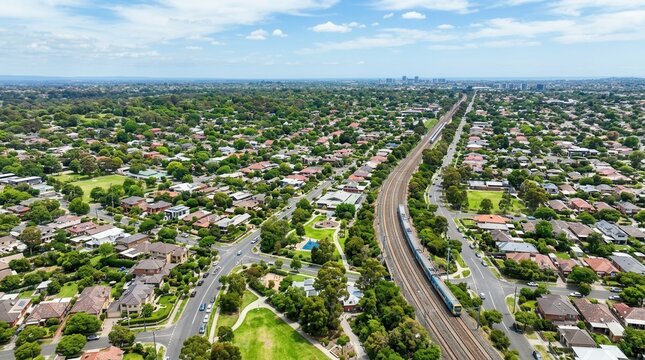 Aerial view of a suburban residential area with a train line and a modern train moving through, showcasing urban sprawl and infrastructure.