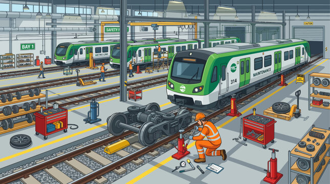 Train Maintenance Depot with Engineers Repairing Metro Subway Wagons Isometric Vector Illustration