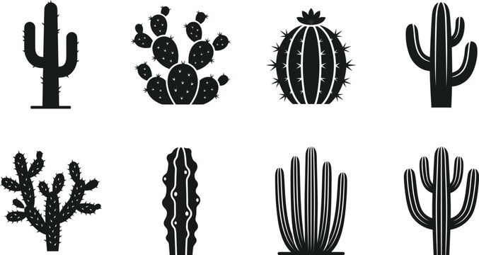 Minimalist cactus icon set, 8 black desert plant silhouettes, prickly pear and saguaro vector illustrations for branding