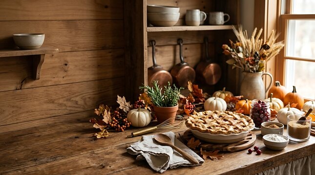 Rustic autumn kitchen scene with pie and pumpkins