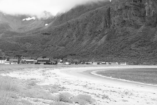 Arctic beach - Storvika in Norway. Black and white photo of summer landscape in Norway.