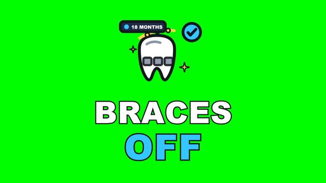 4K green screen BRACES OFF animated text - the archwire unclipping and lifting clear, kinetic typography dental practice overlay for clinic content and social media, chroma key