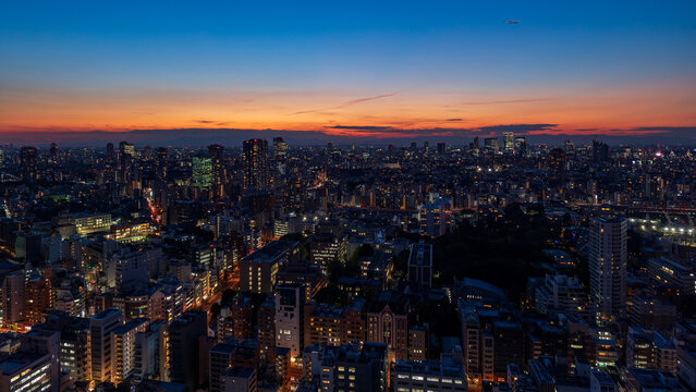 Tokyo cityscape in Minato ward glowing against twilight sky