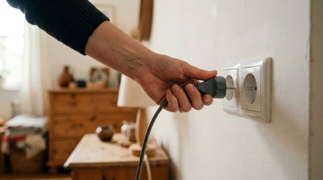 A close up view of a person hand holding a black electrical plug, about to be unplugged from a white wall socket inside a brightly lit living room with wooden furniture