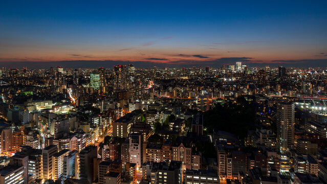 Tokyo cityscape in Minato ward glowing against twilight sky