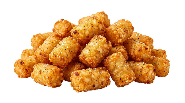 Crispy golden potato tater tots isolated on transparent background