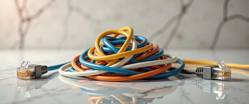 Tangled ethernet cables mess for technology and network blogs