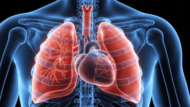 3d medical illustration of human heart and lungs within rib cage